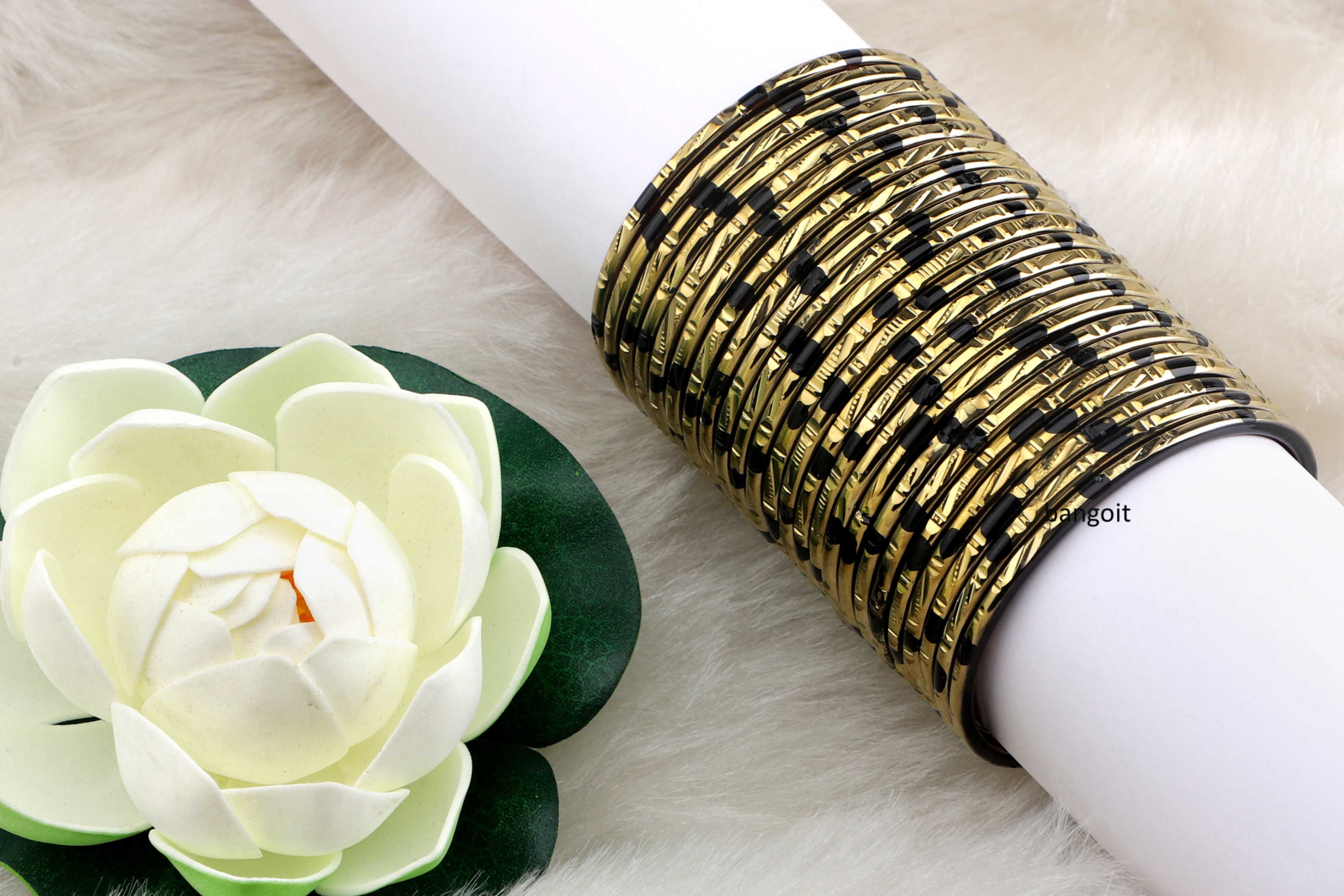 Black Purple Glass Bangles Red Shade Golden Carved Cuts
