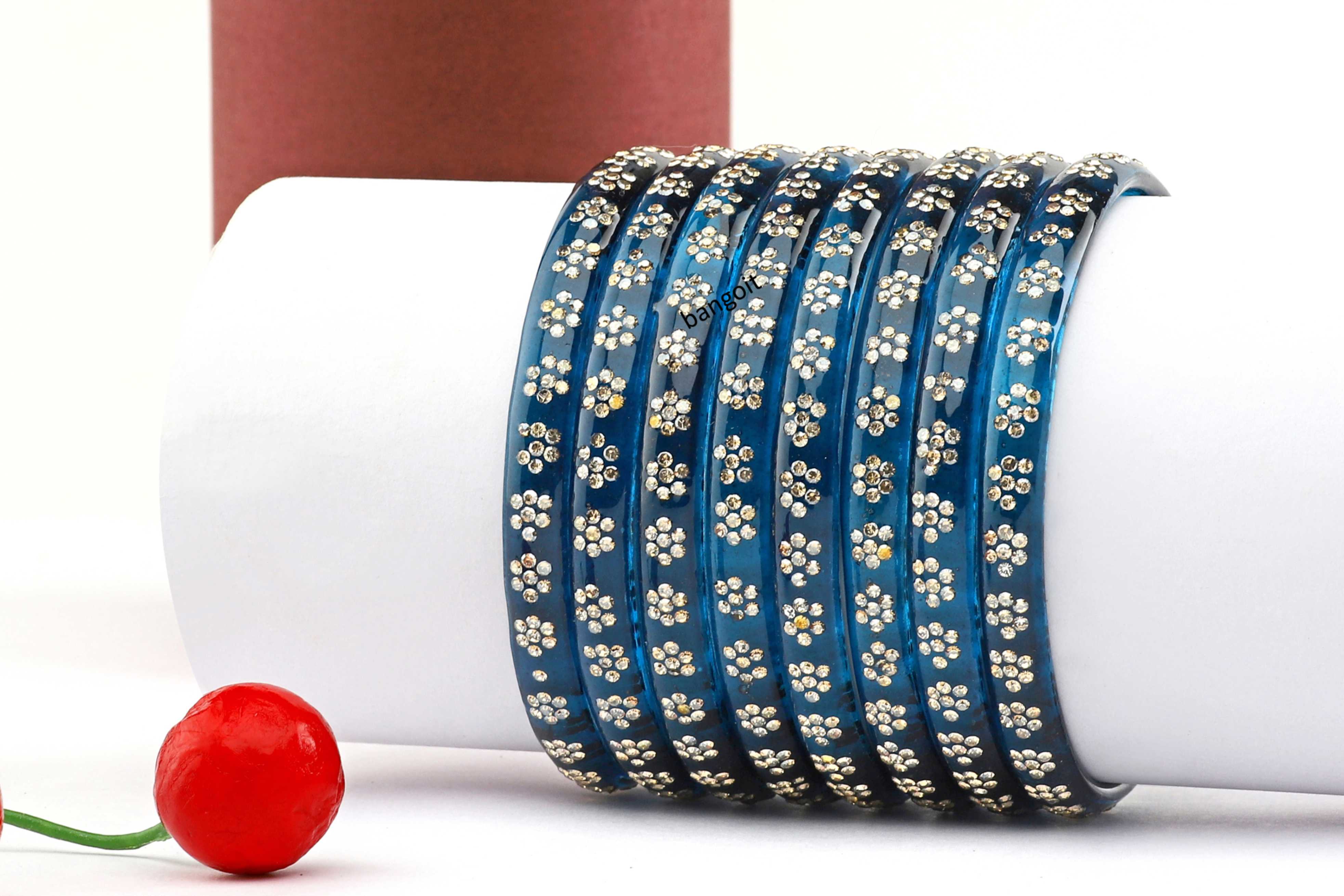 Blue Glass Kada with Floral Beads for Women