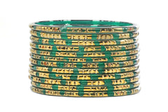 Cadmium Green Glass Bangles Golden Carved Cuts Festive Wear