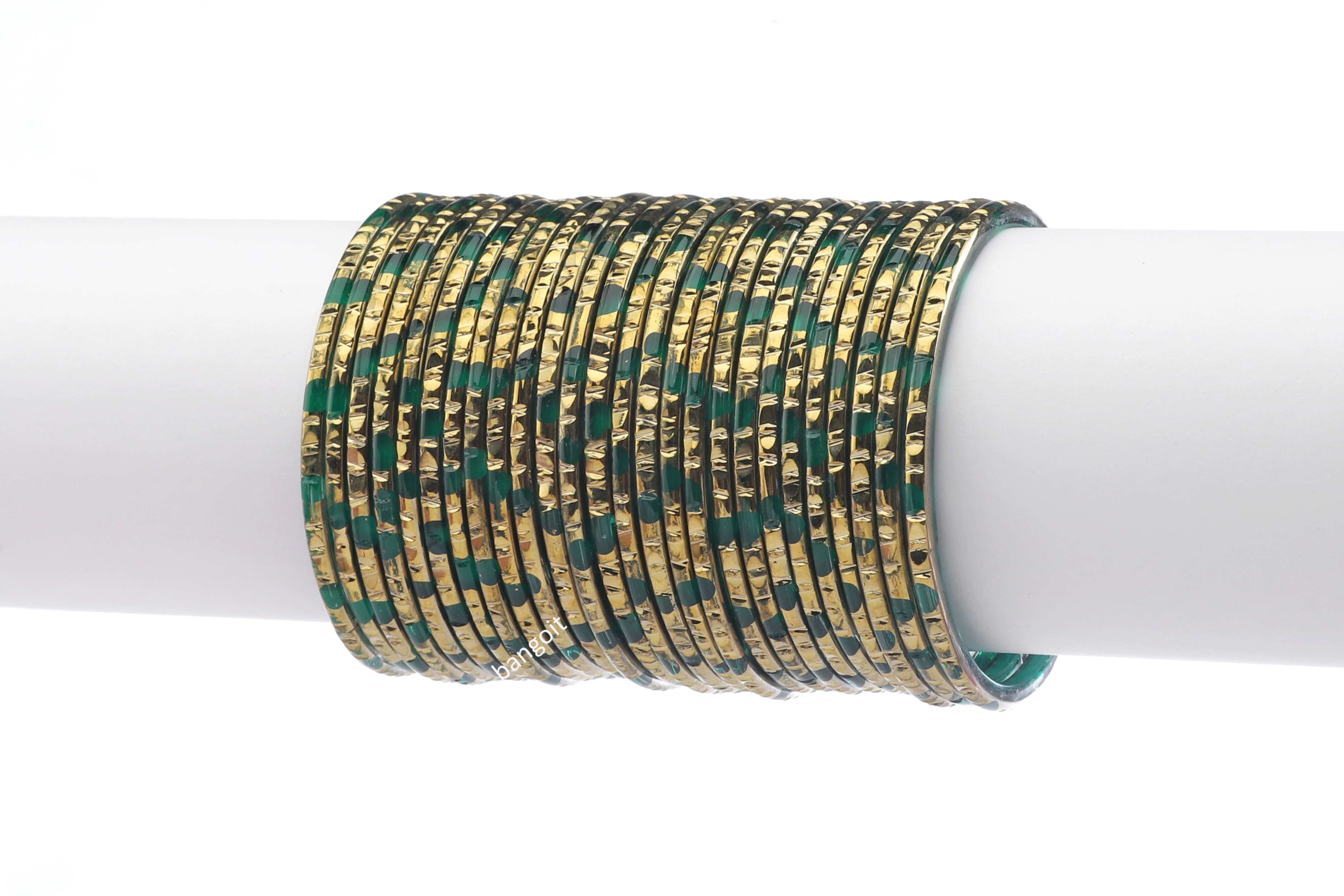 Cadmium Green Glass Bangles Golden Carved Cuts Festive Wear