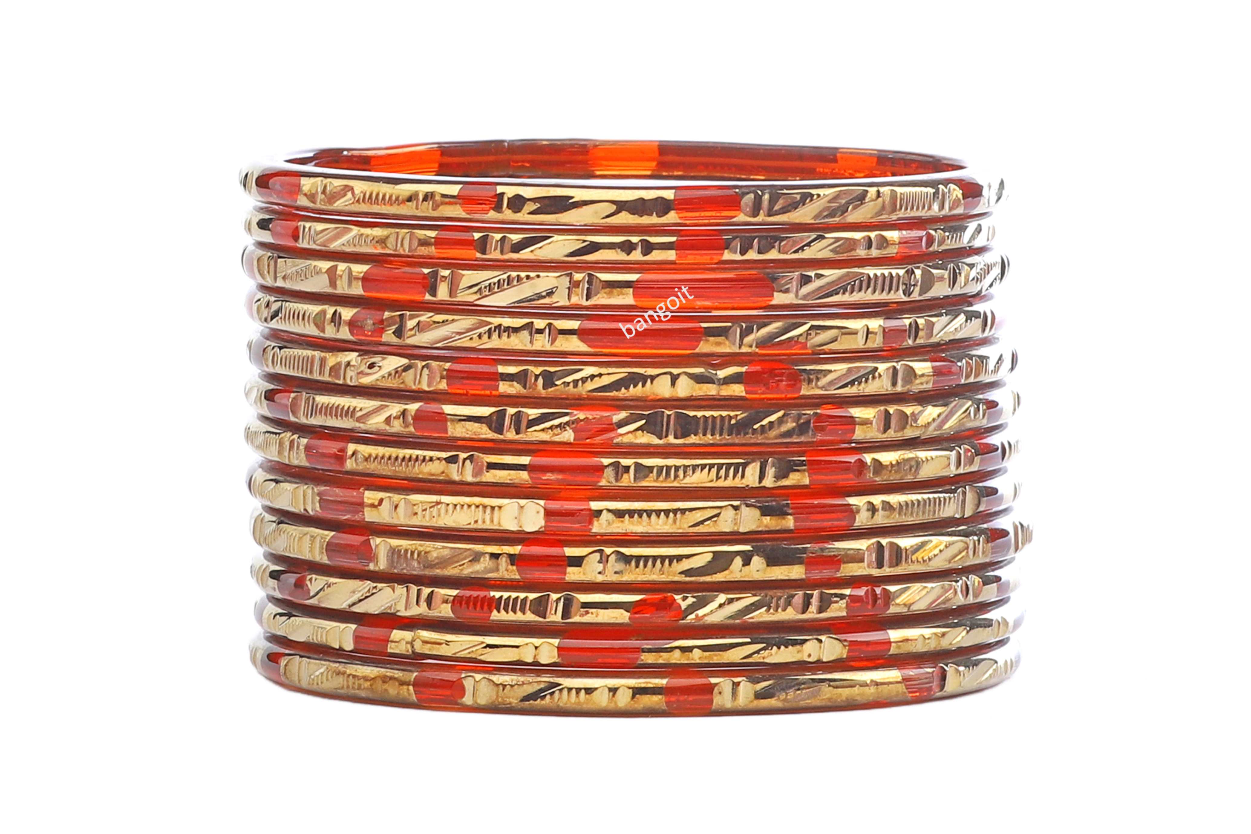 Fanta Red Glass Bangles Golden Carved Cuts Festive Wear