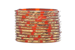 Fanta Red Glass Bangles Golden Carved Cuts Festive Wear
