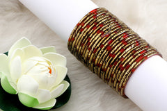 Fanta Red Glass Bangles Golden Carved Cuts Festive Wear