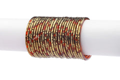 Fanta Red Glass Bangles Golden Carved Cuts Festive Wear