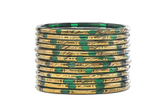 Forest Green Glass Bangles Golden Carved Cuts Festive Wear