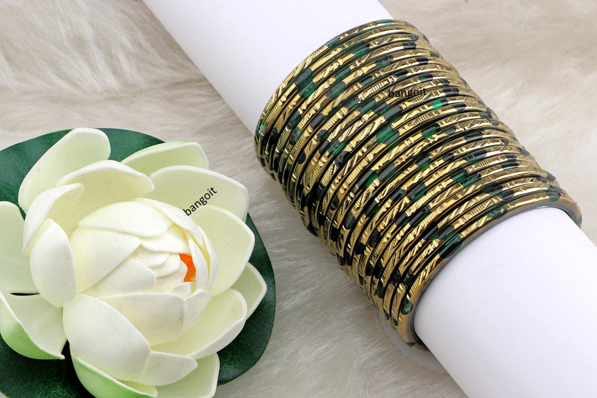 Forest Green Glass Bangles Golden Carved Cuts Festive Wear