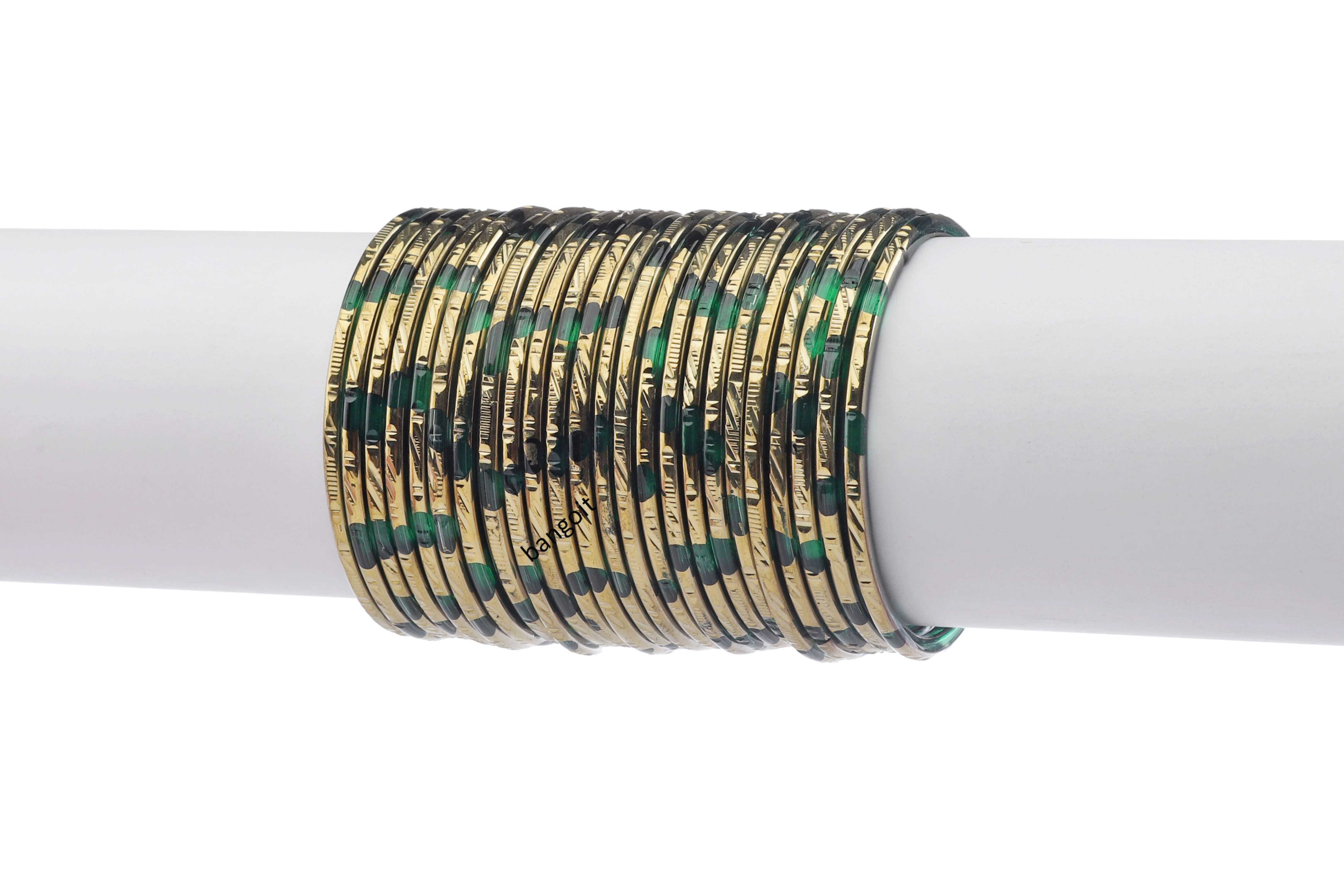 Forest Green Glass Bangles Golden Carved Cuts Festive Wear