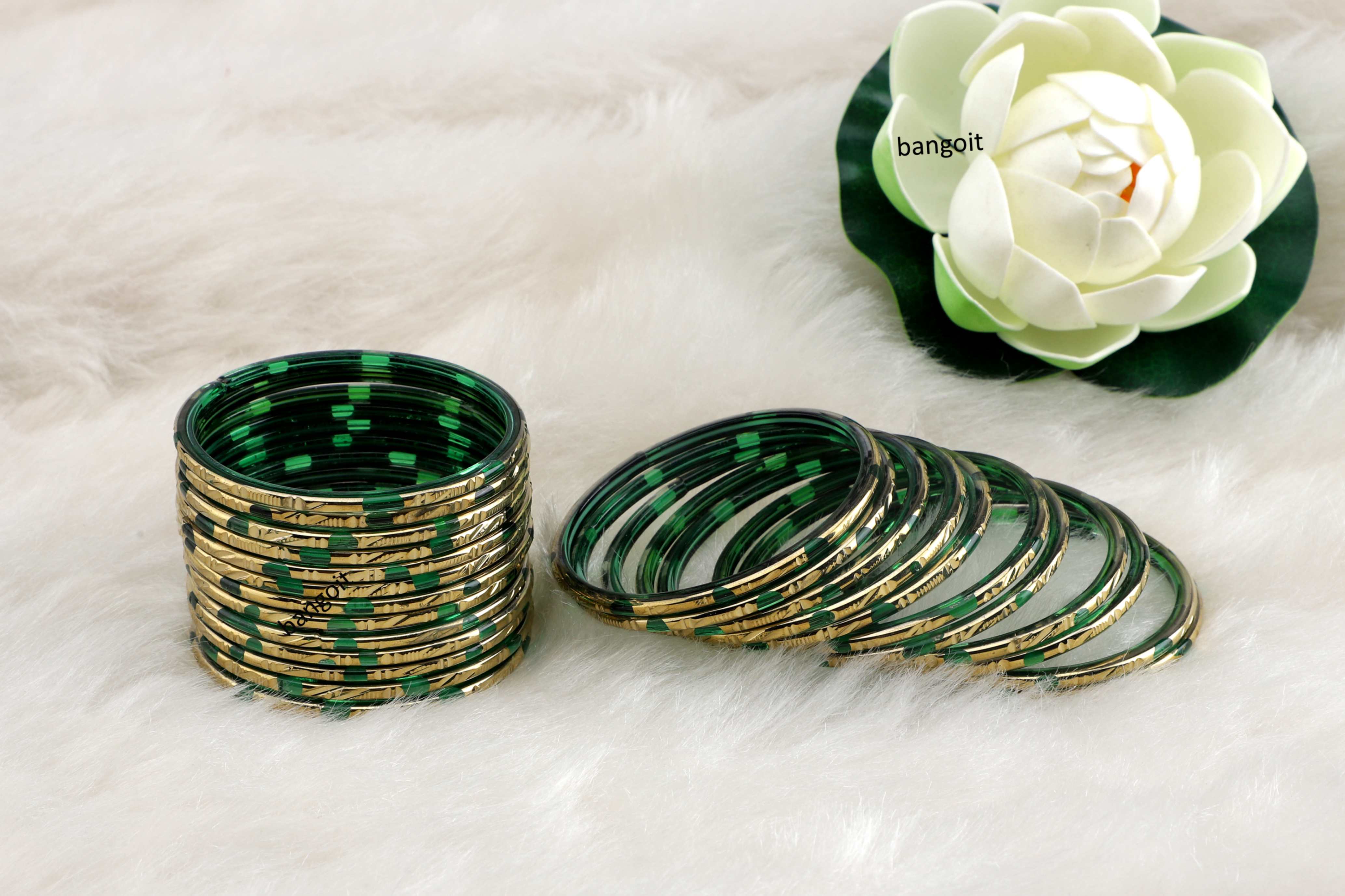 Green Glass Bangles Jungle Green Shade Golden Carved Cuts