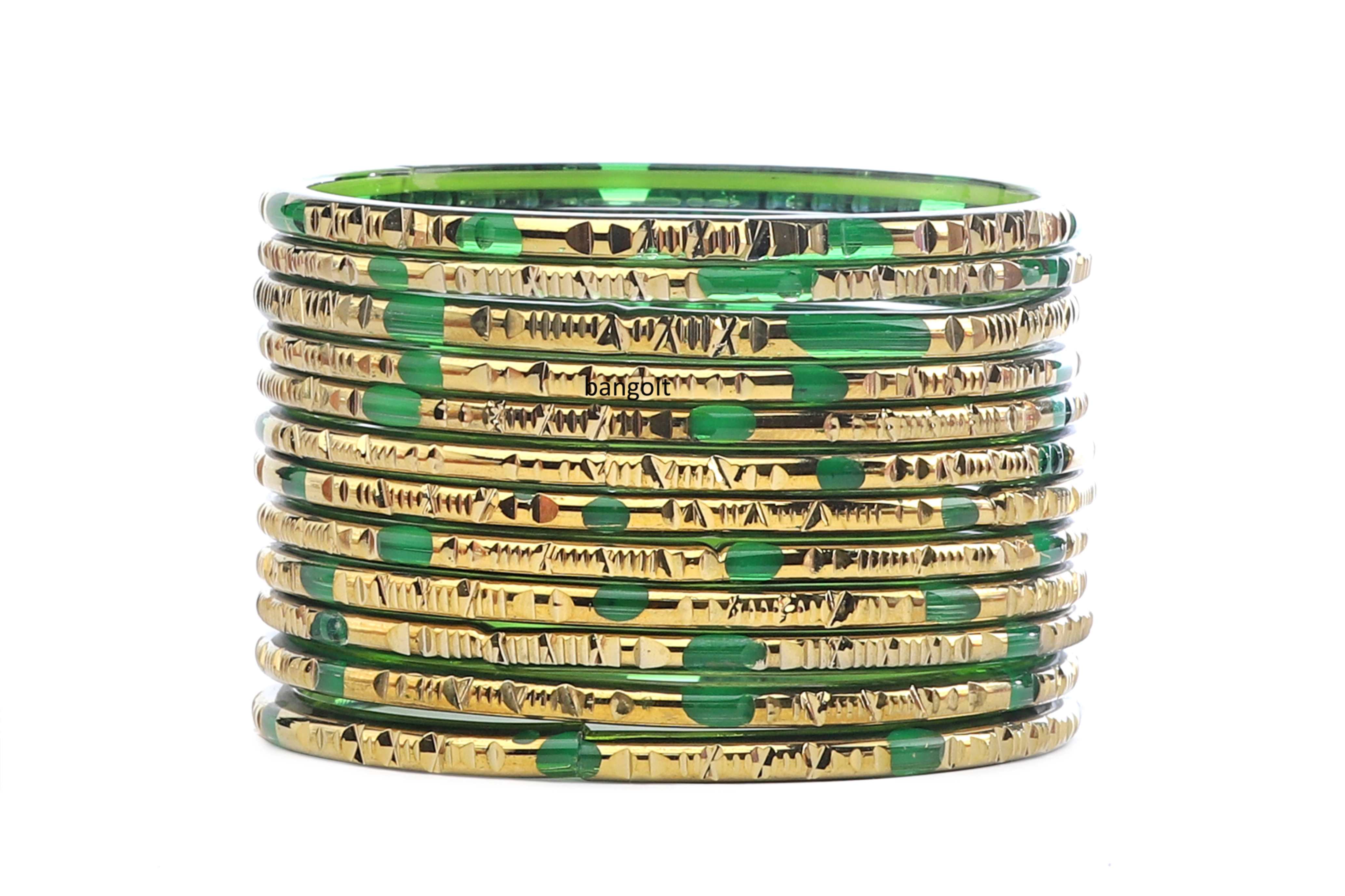 Green Glass Bangles Parrot Green Shade Golden Carved Cuts