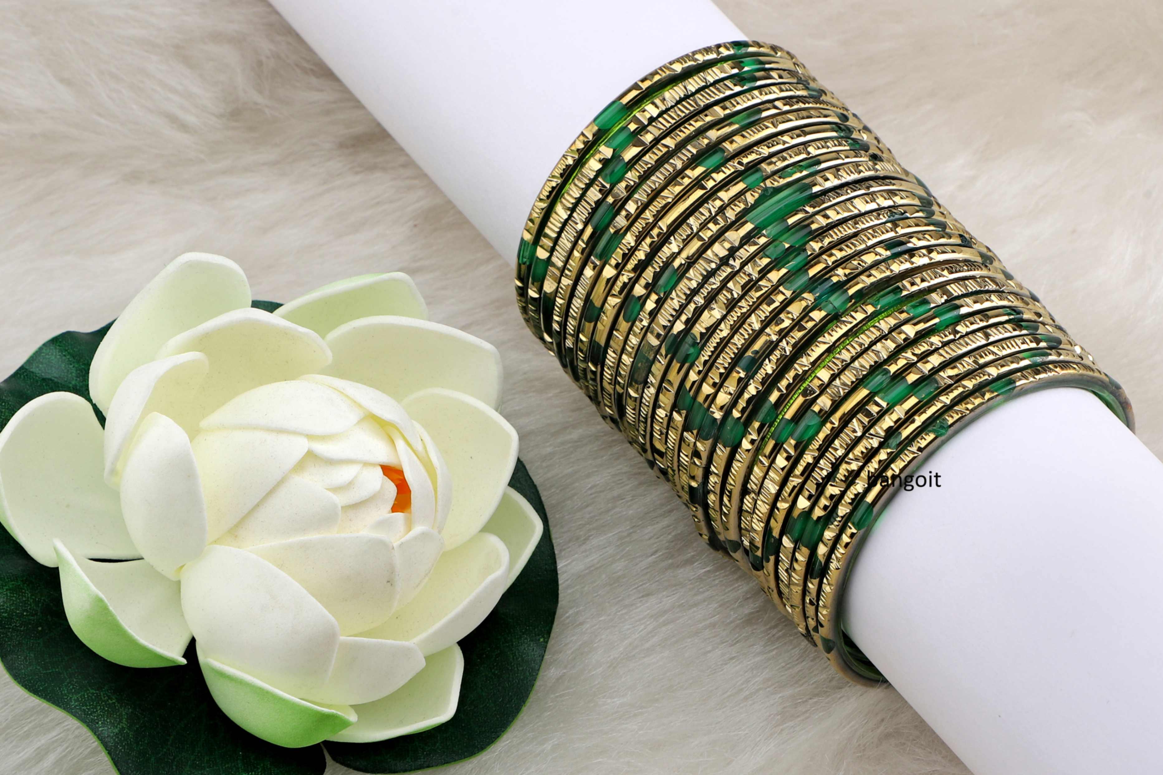 Green Glass Bangles Parrot Green Shade Golden Carved Cuts