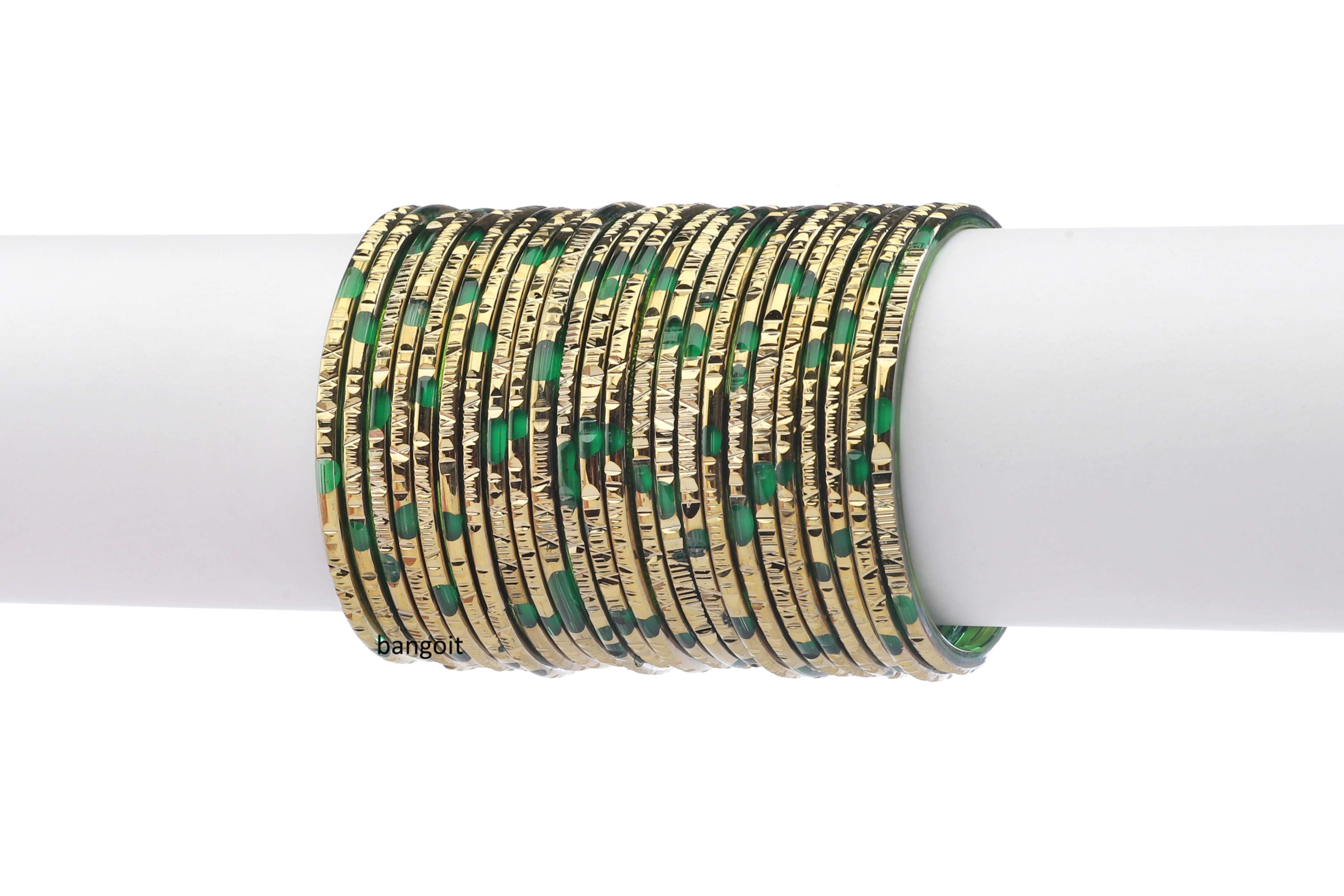 Green Glass Bangles Parrot Green Shade Golden Carved Cuts