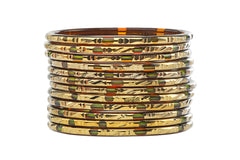 Green Glass Bangles Bright Red Shade Golden Carved Cuts