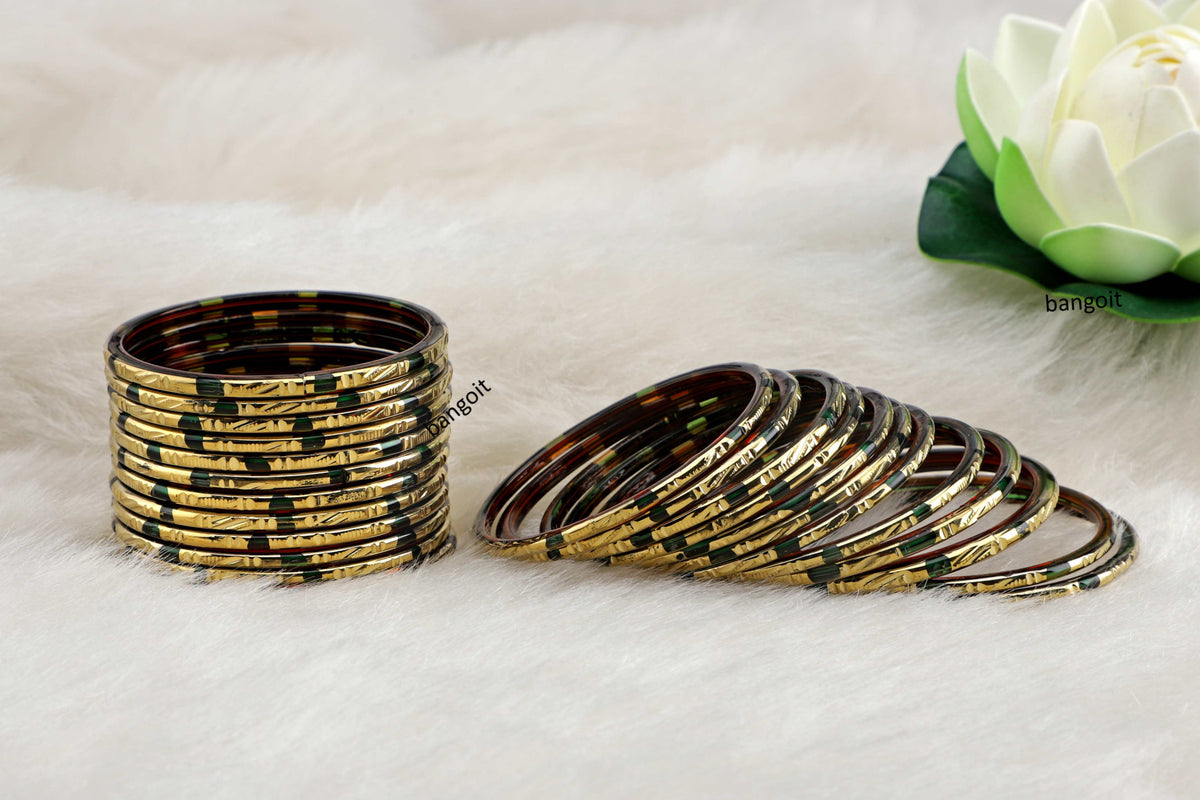 Green Glass Bangles Subtle Red Shade Golden Carved Cuts