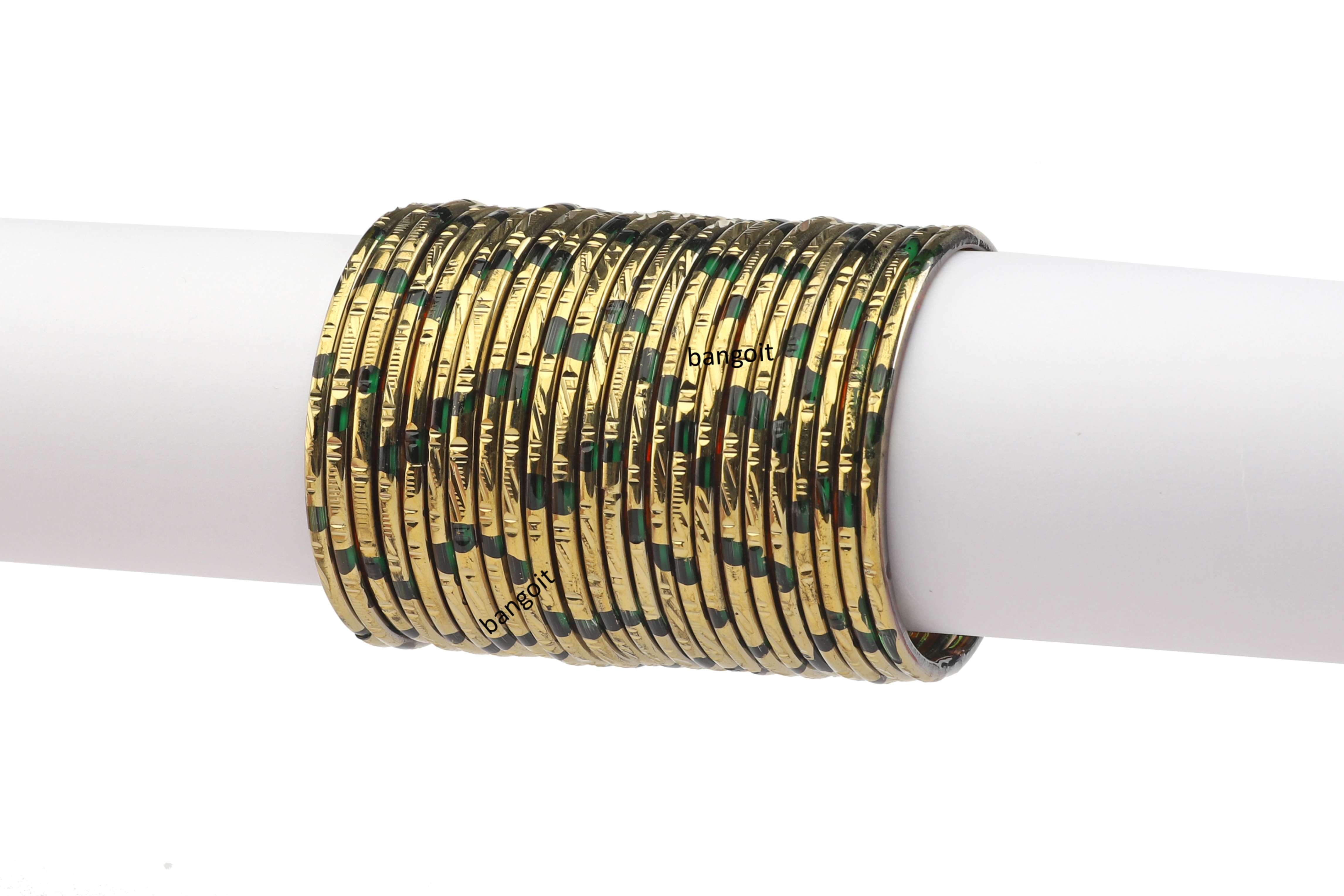 Green Glass Bangles Subtle Red Shade Golden Carved Cuts