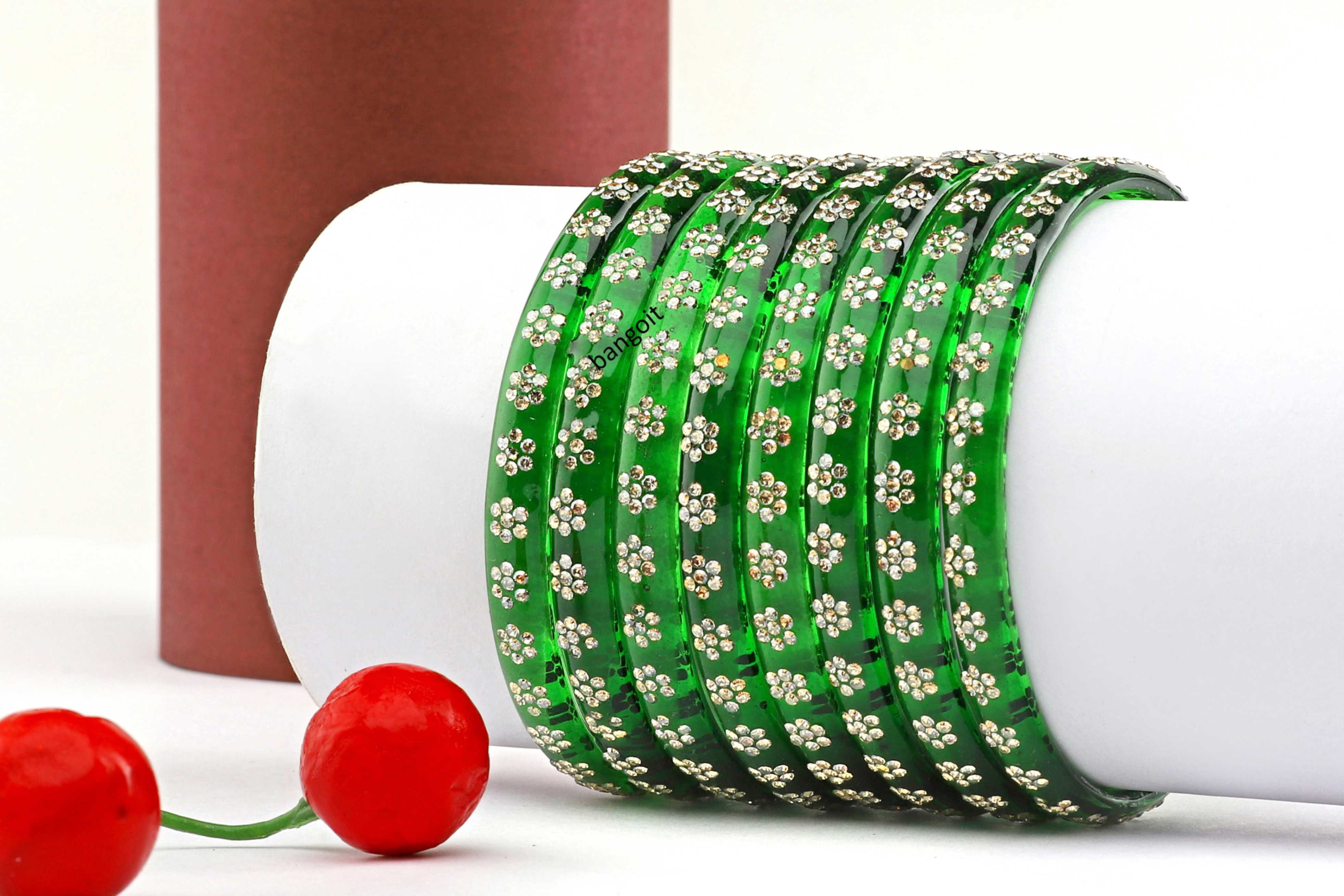 Green Glass Kada with Floral Beads for Women