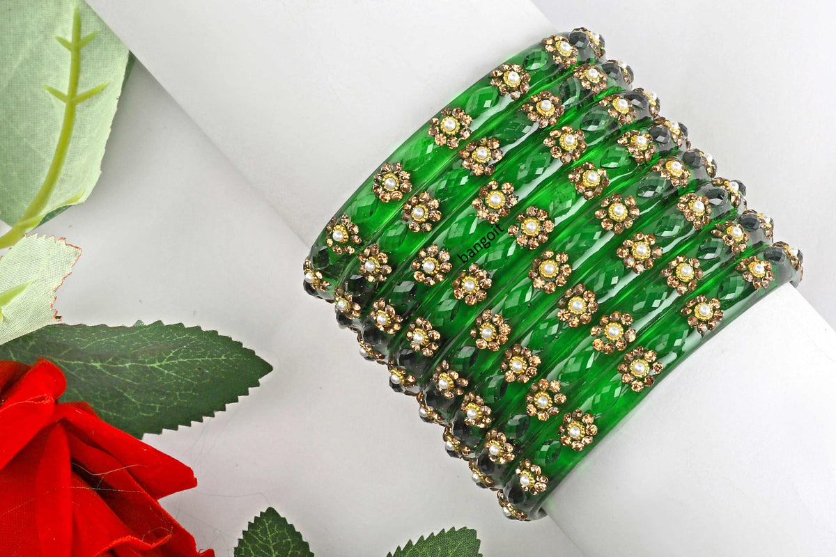 Green Glass Kadas Golden Beads & White Accent