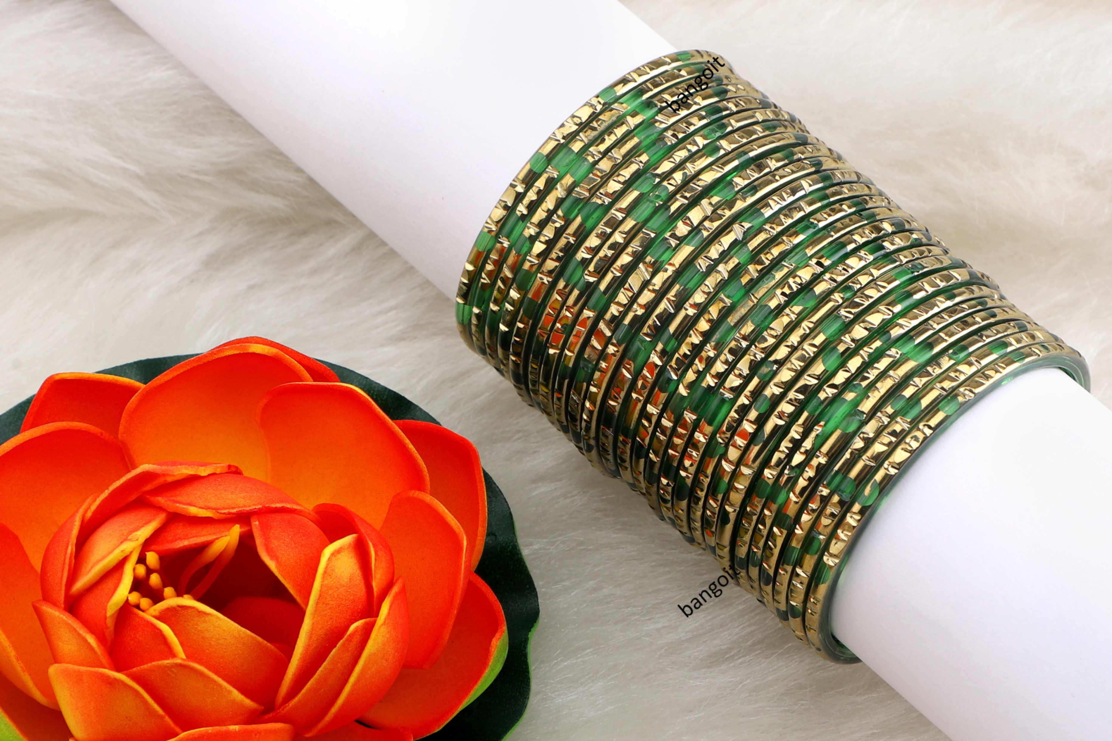 Kelly Green Glass Bangles Golden Carved Cuts Festive Wear
