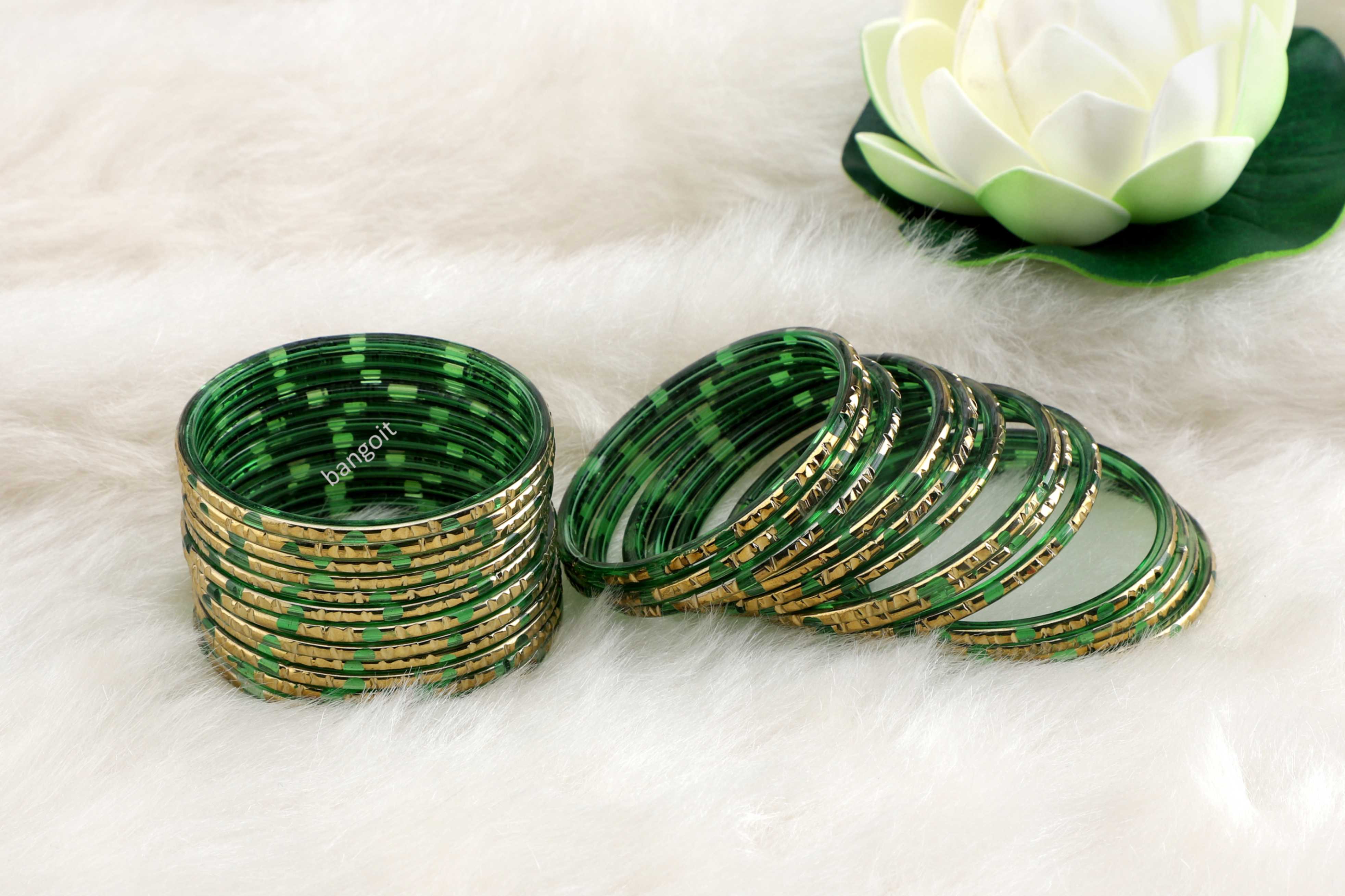 Kelly Green Glass Bangles Golden Carved Cuts Festive Wear