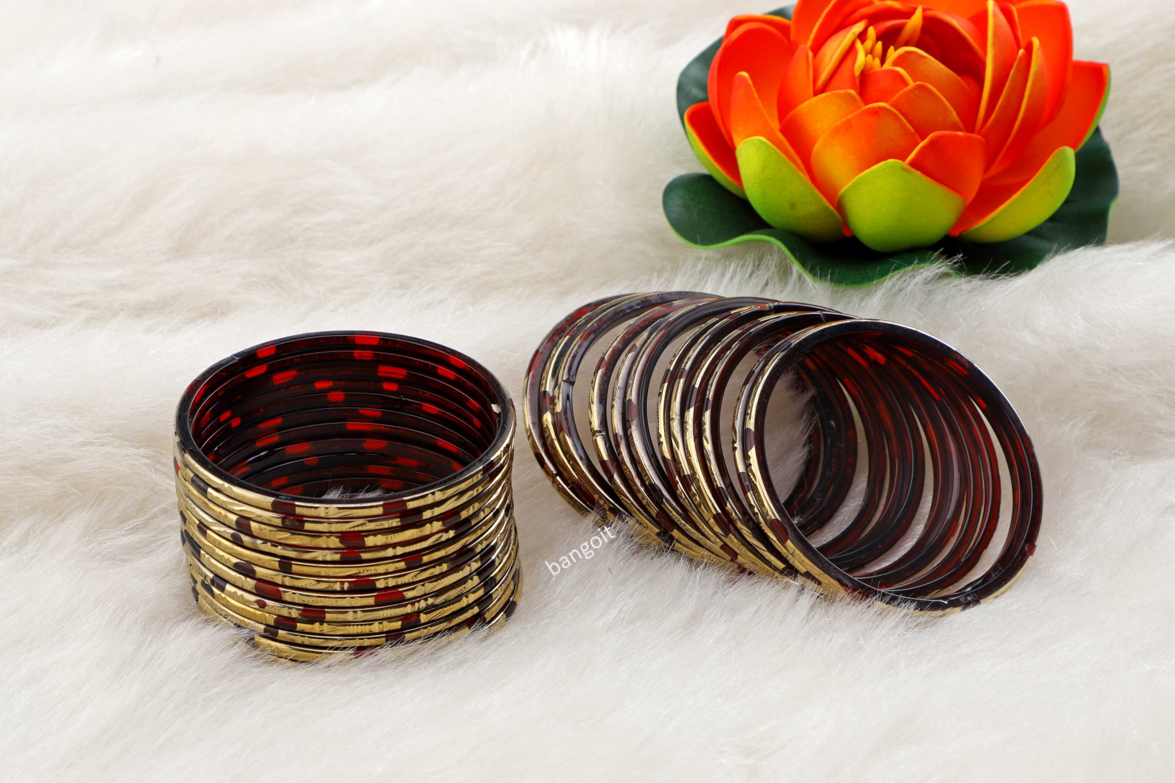 Maroon Glass Bangles Deep Maroon Shade Golden Carved Cuts