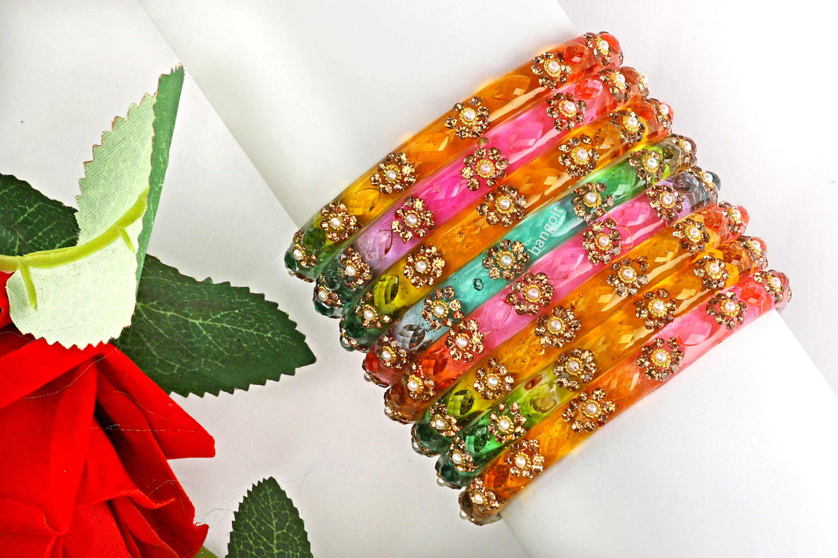 Multicolor Glass Kadas Yellow, Pink & Green Set of 8