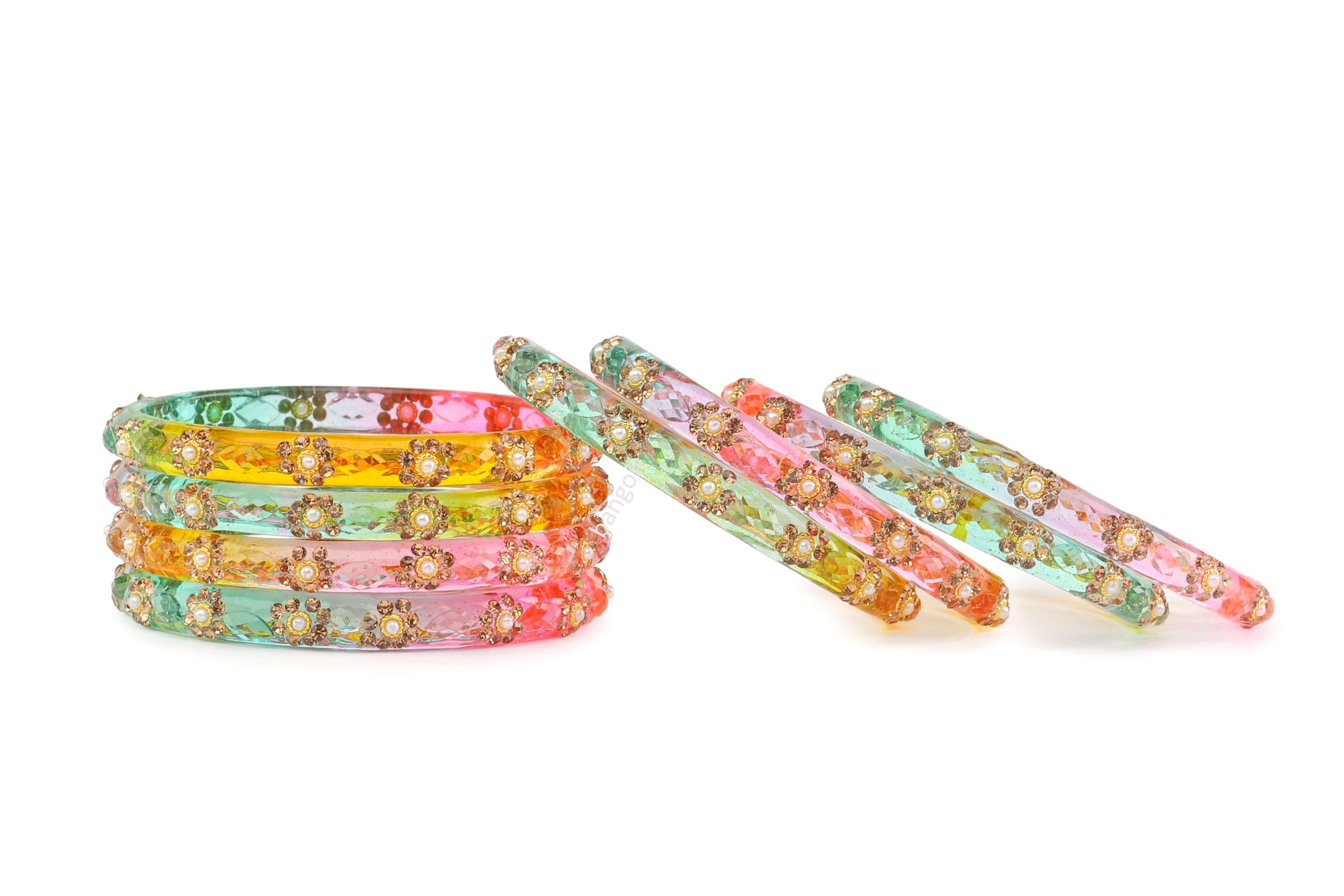 Multicolor Glass Kadas Yellow, Pink & Green Set of 8