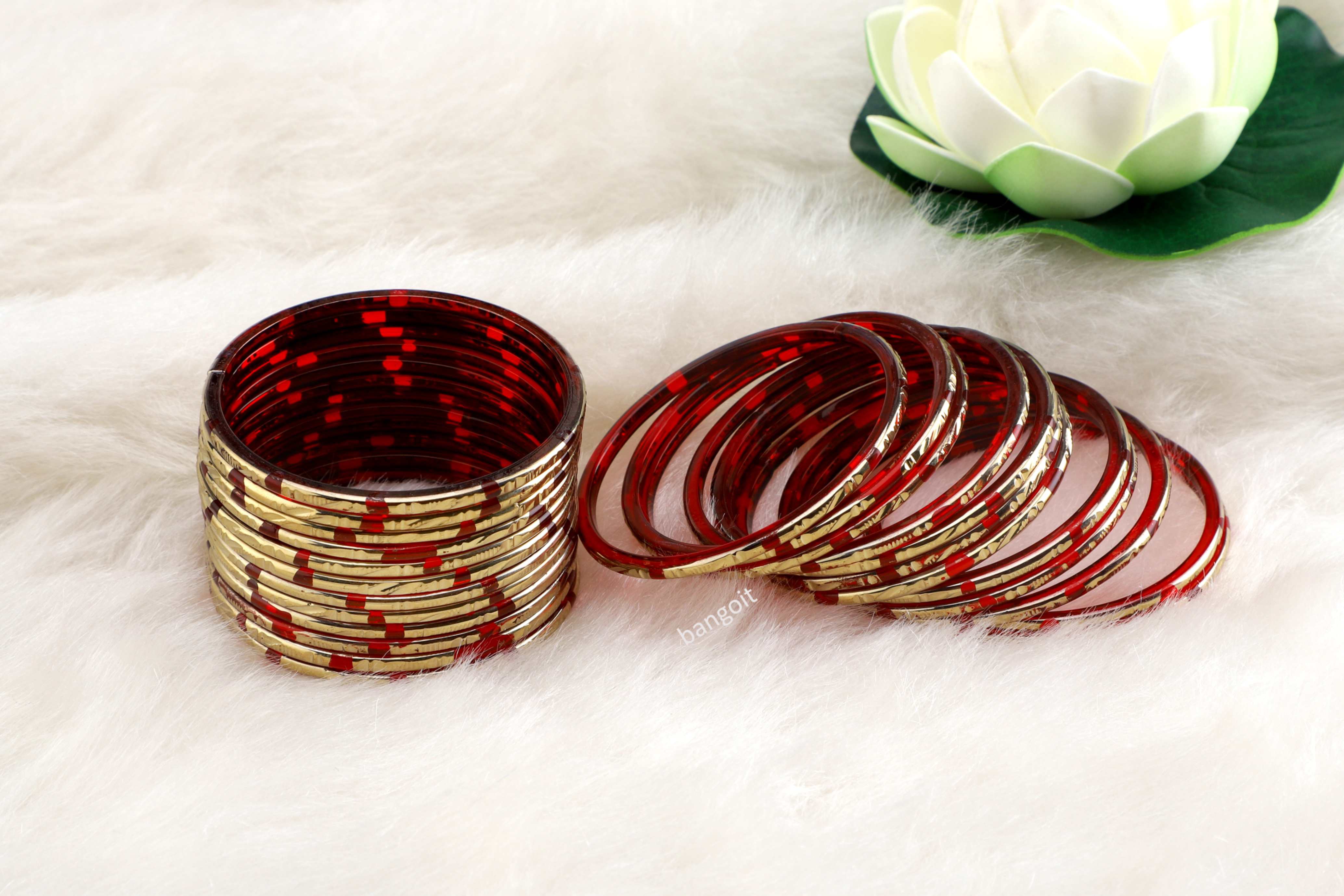 Pure Red Glass Bangles Golden Carved Cuts