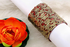 Pure Red Glass Bangles Golden Carved Cuts
