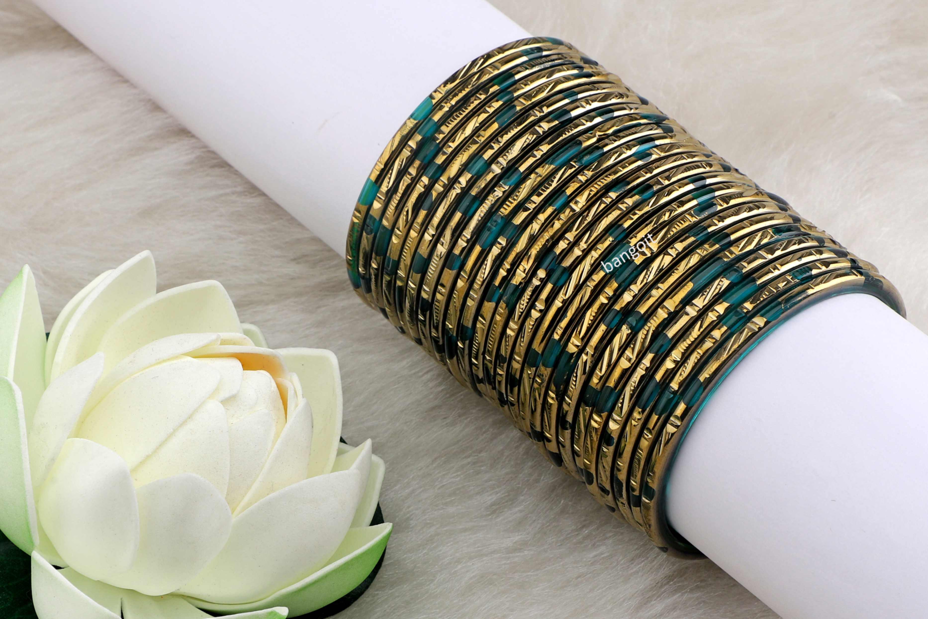 Radium Glass Bangles Light Green Shade Golden Carved Cuts