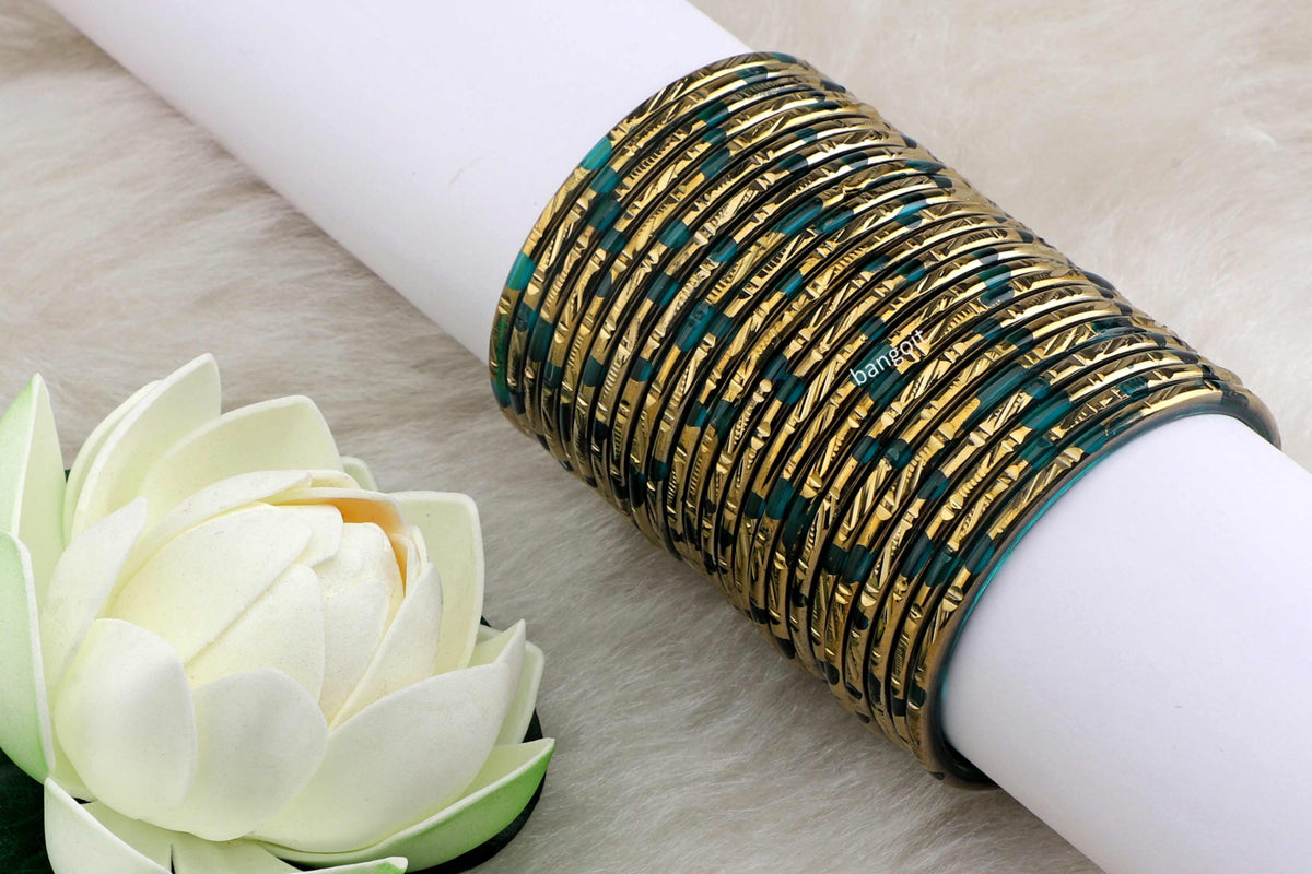 Radium Glass Bangles Light Green Shade Golden Carved Cuts