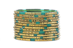 Radium Glass Bangles Parrot Green Shade Golden Carved Cuts