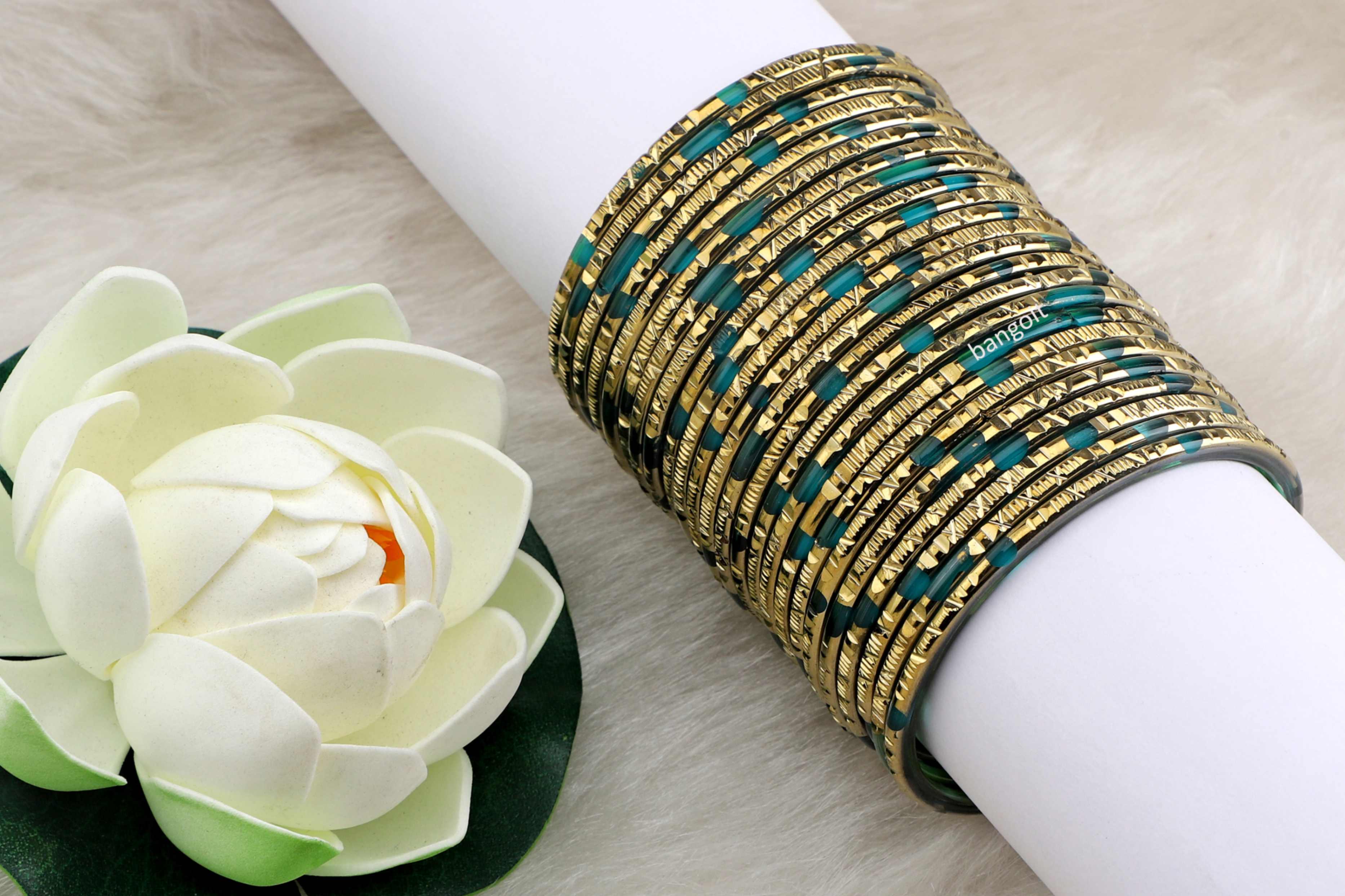 Radium Glass Bangles Parrot Green Shade Golden Carved Cuts