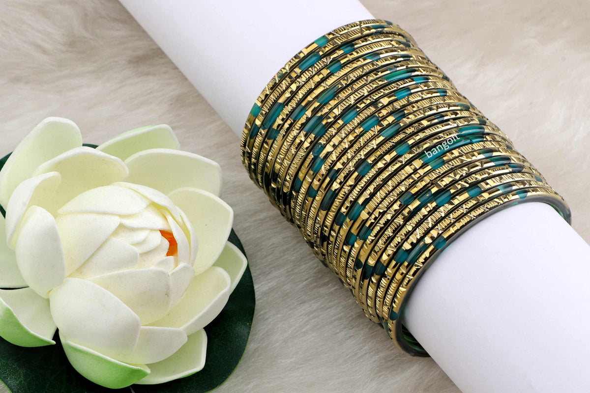 Radium Glass Bangles Parrot Green Shade Golden Carved Cuts
