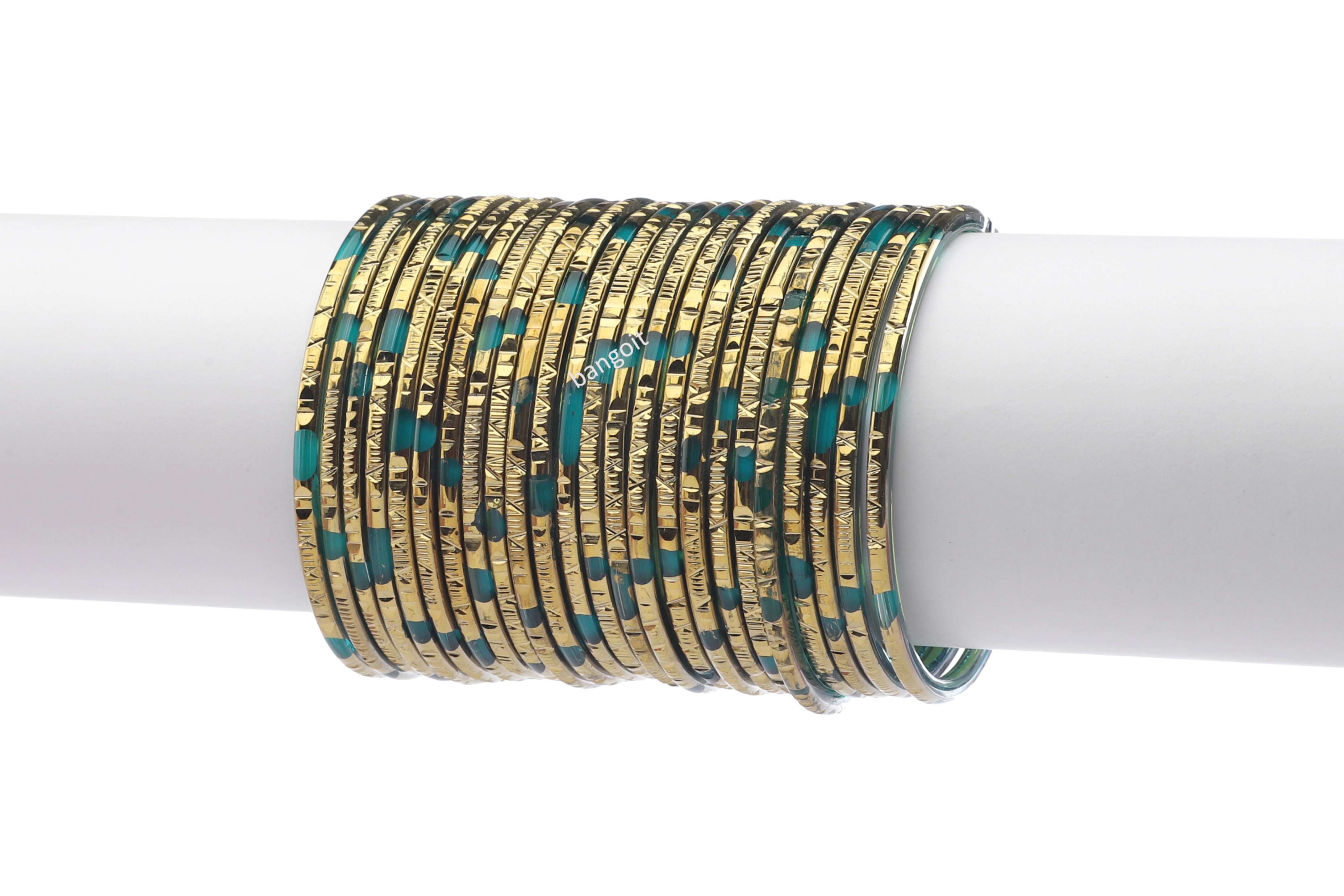 Radium Glass Bangles Parrot Green Shade Golden Carved Cuts