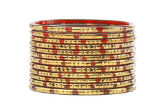 Red Glass Bangles Bright Red Shade Golden Carved Cuts
