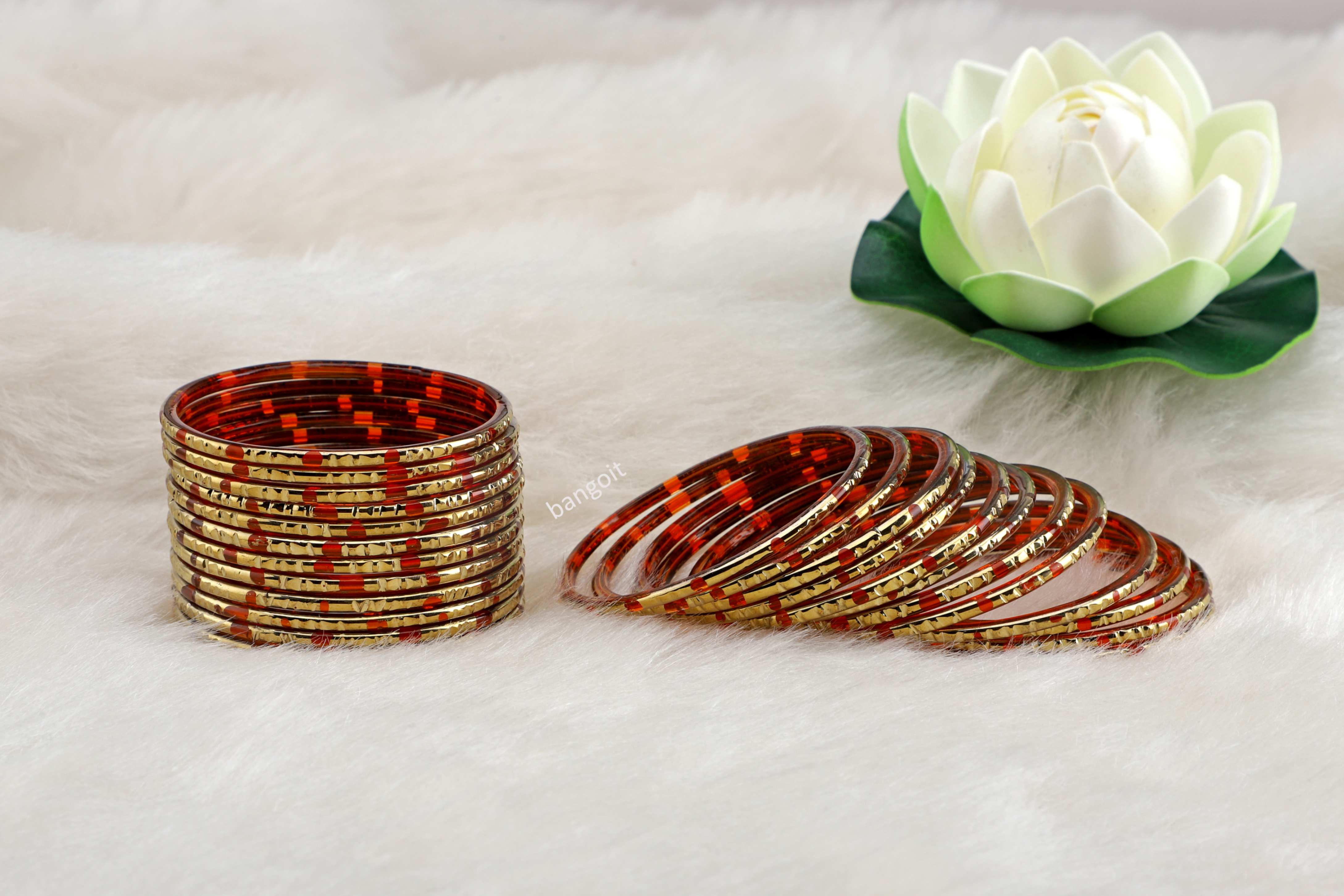 Red Glass Bangles Bright Red Shade Golden Carved Cuts