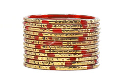 Red Glass Bangles Golden Carved Cuts