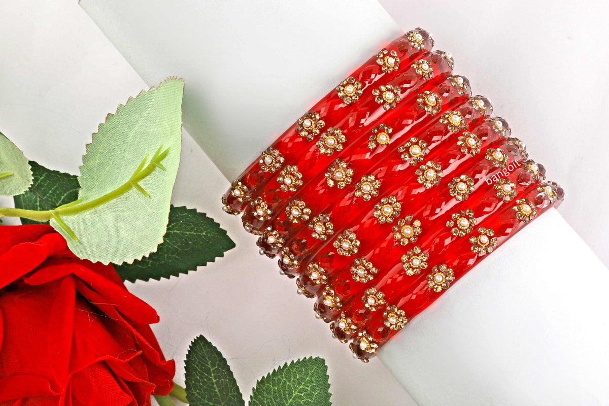 Red Glass Kadas Golden Beads & White Accent