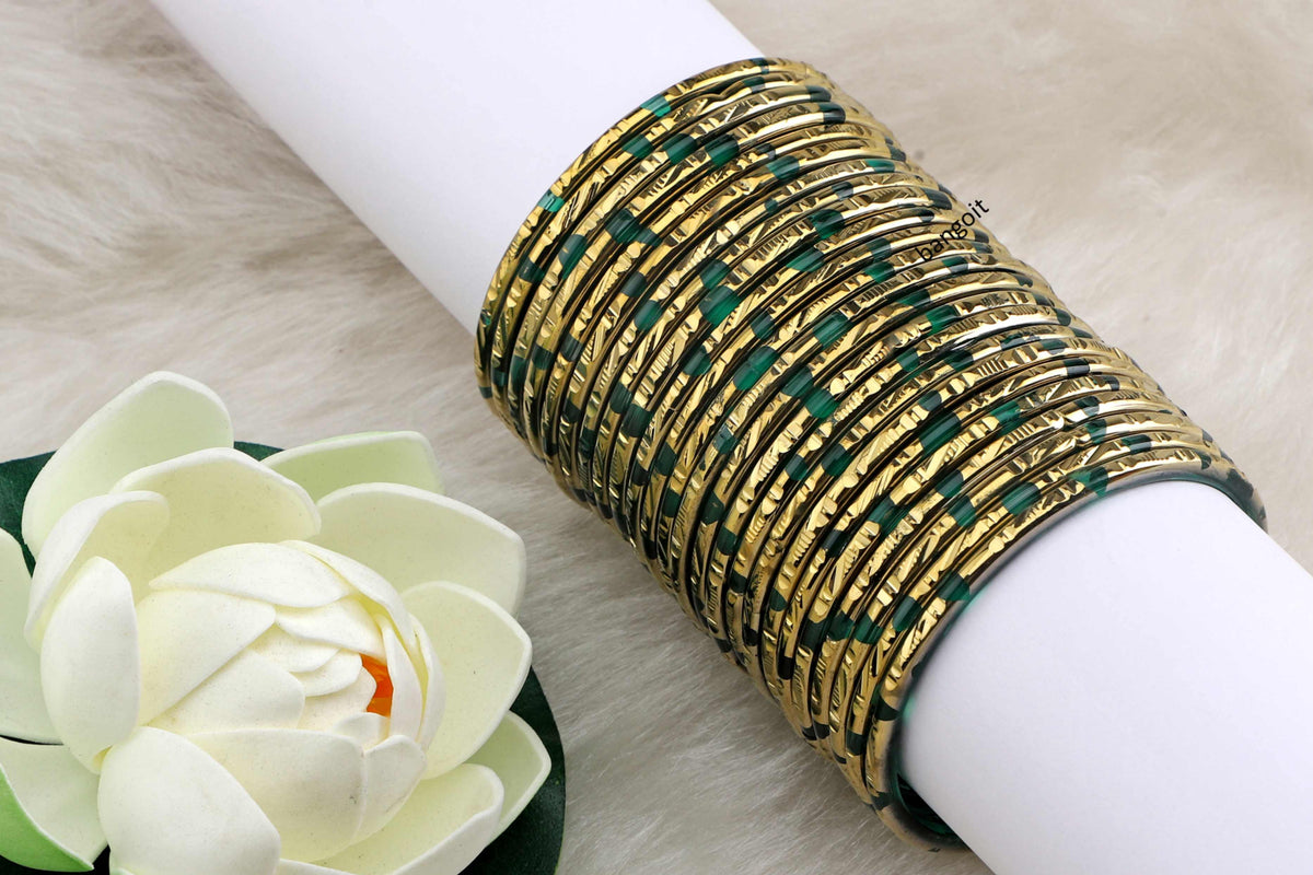 Sea Green Glass Bangles Green Shade  Golden Carved Cuts