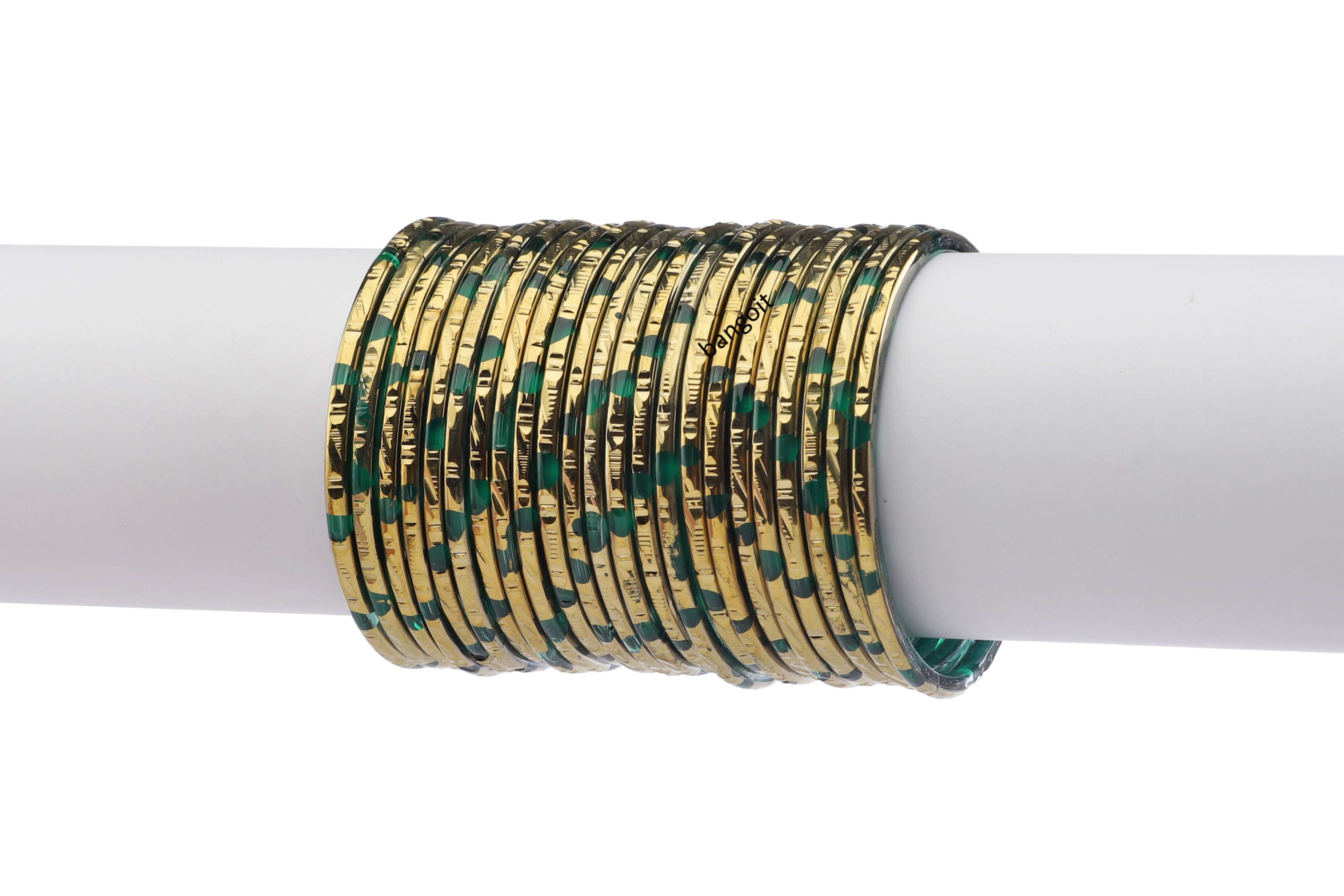 Sea Green Glass Bangles Green Shade  Golden Carved Cuts